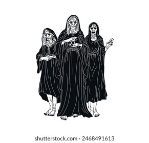 Ilustración vectorial de tenedores. Tres ancianas ciegas. Una criatura mítica. Un ojo por tres. Un personaje fantástico. Diosas arcaicas. Antigua mitología griega. Brujas ciegas