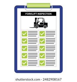 Vector illustration of forklift safety inspection checklist document. Paper board holder with green checkmark point of checking.