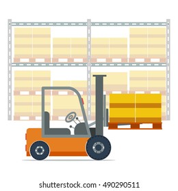 Vector illustration of forklift working in a warehouse with pallet. Concept of delivery and shipping in flat style