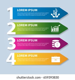 Vector illustration in the form of arrows and numbers. Infographics with 4 steps and arrows for websites, diagrams, reports, business presentations, workflow, education. Banner with four actions.