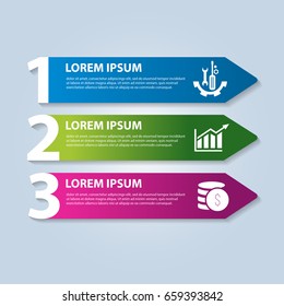 Vector illustration in the form of arrows and numbers. Infographics with 3 steps and arrows for web sites, diagrams, reports, business presentations, workflow, education. Banner with three actions.