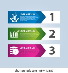 Vector illustration in the form of arrows and numbers. Infographics with 3 steps and arrows for web sites, diagrams, reports, business presentations, workflow, education. Banner with three actions.