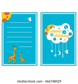 Vector illustration in the form of cards, invitations . On birthday. On the children's party . With cute giraffe and toys