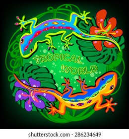 vector illustration in the form of a circle of colored lizards on a tropical background with flowers and leaves