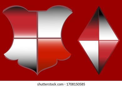 Ilustración vectorial en forma de escudo de armas aplicable a un logotipo. La ilustración brillante se divide en segmentos separados.