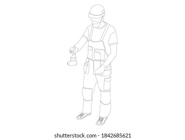Vector illustration in the form of a contour with the image of a builder in overalls, a helmet and a brush in his hand.