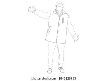 Vector illustration in the form of a contour. A man in a coat with a cap and a bandage on his face with outstretched arms for a hug.