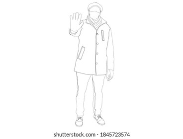 Vector illustration in the form of a contour. A man in a coat with a cap and a bandage on his face with an outstretched hand.