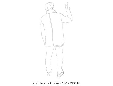 Vektorgrafik in Form einer Kontur. Ein Mann in einem Mantel mit einer Mütze und einem Verband auf dem Gesicht drehte sich mit einer ausgestreckten Hand den Rücken.
