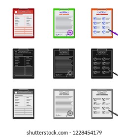Vector illustration of form and document symbol. Set of form and mark stock symbol for web.
