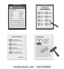 Vector illustration of form and document symbol. Collection of form and mark stock vector illustration.