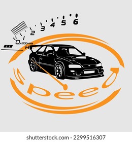 vector illustration in the form of an emblem with a silhouette of a sports car and a stylized speedometer for prints on stickers, postcards, banners and design in a sports style
