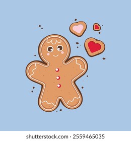 Vector illustration in the form of a flat gingerbread man on a blue background. Christmas cookies in the shape of hearts and a gingerbread man.