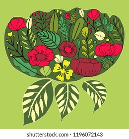 Vector illustration in the form of a flower filled with plants, flowers and buds
