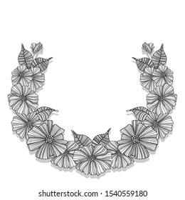 Vector illustration in the form of a frame with black outlines of abstract poppy flowers with leaves on a white background. Can be used as wedding invitations, as postcards for bouquets and decor.