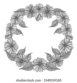 Vector illustration in the form of a frame with black outlines of abstract poppy flowers with leaves on a white background. Can be used as wedding invitations, as postcards for bouquets and decor.