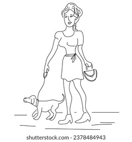 Vector illustration in the form of a hand-drawn pencil sketch of a girl with a dog