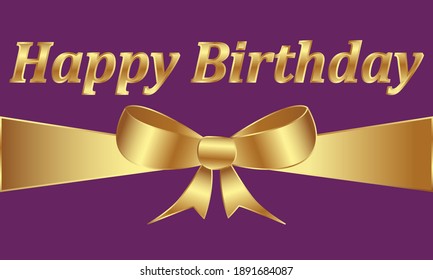 vector illustration in the form of a happy birthday greeting card with gold bow and signature on purple background