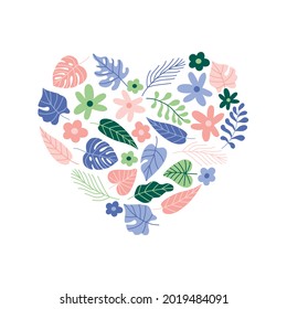Ilustración vectorial en forma de corazón de plantas tropicales y flores. Dibujo en estilo plano en delicados tonos para invitaciones de boda, tarjetas para el día de San Valentín, vacaciones, etc.