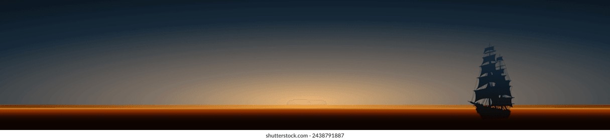 Vector illustration in the form of a horizontal color banner with a silhouette of a sailboat on the background of a beautiful dawn on the sea for your artwork design