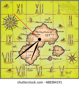 vector illustration in the form of maps of the island and the dial with roman digits