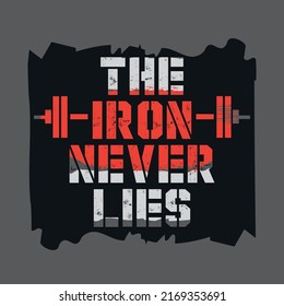 Vector illustration in the form of the message: The Iron Never Lies. Inspiring sport workout quote banner. Typography, t-shirt graphics, print, poster, banner, slogan, flyer, postcard