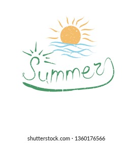 Vector illustration in the form of the message: summer. Grunge background. Typography, t-shirt graphics, print, poster, banner, slogan, flyer, postcard.