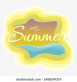 Vector illustration in the form of the message: Summer. Sea background with seagulls. Typography, t-shirt graphics, print, poster, banner, slogan, flyer, postcard.