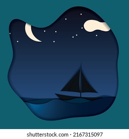 vector illustration in the form of a postcard. paper cut out. the boat sails on the waves at night