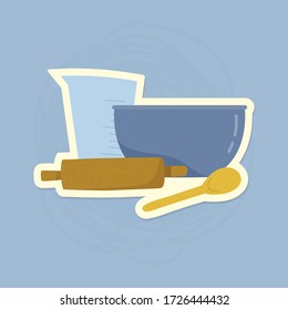 Vector illustration in the form of a sticker. A set of utensils for cooking dough and baking. Measuring cup, bowl, rolling pin, wooden spoon. Blue background with a spiral pattern.