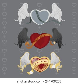 Vector illustration in the form of a winged heart tattoo design with, a ribbon and a grunge texture. The photo 3 different heart.