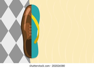 Vector illustration of formal shoe and flip flop with copy-space, vacation concept 