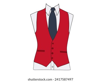 Ilustración vectorial del desgaste formal del chaleco color rojo de fondo blanco. Los negocios y la ropa de trabajo están relacionados con el tema de la ropa.