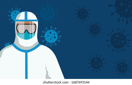 A vector illustration format for a man wearing protective clothing to prevent the spread of germs 