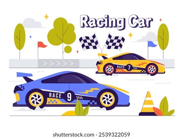 Ilustração vetorial de Fórmula Racing Sports Car Chegando à linha de chegada no circuito de corrida competindo para ganhar o campeonato em um plano de fundo