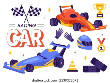 Ilustração vetorial de Fórmula Racing Sports Car Chegando à linha de chegada no circuito de corrida competindo para ganhar o campeonato em um plano de fundo