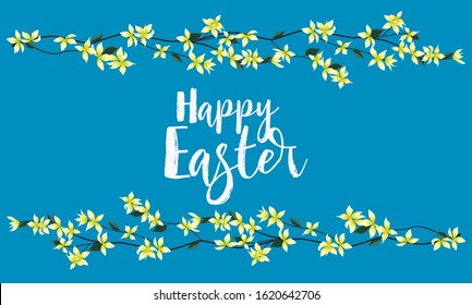 Vector illustration of Forsythia flower from tree. Spring landscape, nature background. Decoration yellow flowers card Happy Easter. Golden Rain