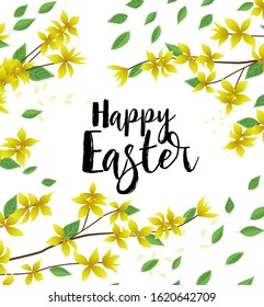 Vector illustration of Forsythia flower from tree. Spring landscape, nature background. Decoration yellow flowers card Happy Easter. Golden Rain