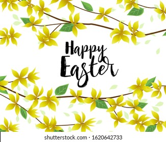 Vector illustration of Forsythia flower from tree. Spring landscape, nature background. Decoration yellow flowers card Happy Easter. Golden Rain