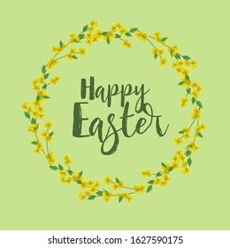 Vector illustration of Forsythia flower from tree. Spring landscape, nature background. Frame decoration yellow flowers card Happy Easter. Golden Rain
