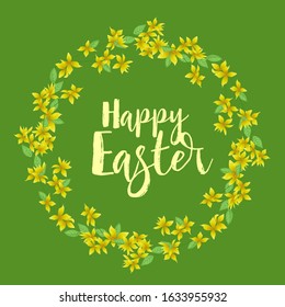 Vector illustration of Forsythia flower from tree. Spring landscape, nature background. Decoration yellow flowers card Happy Easter. Golden Rain