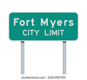 Vector illustration of the Fort Myers (Florida) City Limit green road sign on metallic post