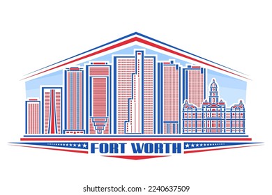 Ilustración vectorial de Fort Worth, insignia horizontal con diseño lineal famoso paisaje de la ciudad de jacksonville sobre el fondo del cielo del día, concepto de arte de línea urbana roja con letras únicas para el fuerte de texto azul
