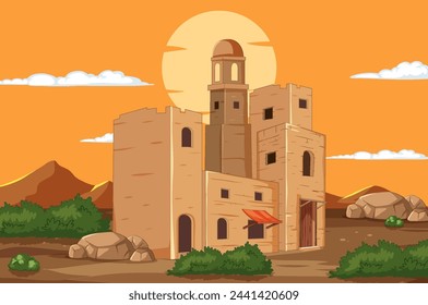 Vector illustration of a fortress in a desert landscape