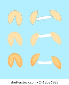Vector illustration of fortune cookies. Three cookie styles to choose from. Whole and broken fortune cookies. The piece of paper inside is empty for your text.