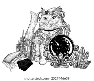 Vector illustration of a fortune teller cat with a magic ball, frog, cards and crystals in engraving style