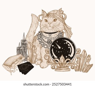 Ilustración vectorial de un gato adivino con una bola mágica, rana, tarjetas y cristales en estilo de grabado