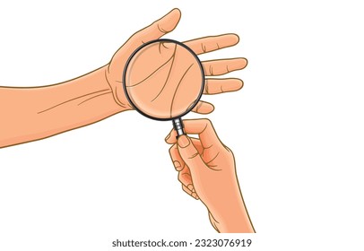 Vector illustration of fortune teller hand holding magnifying glass on left palm,predict future,traditional seer reading lines on palm,checking horoscope,white.Personal belief in future destiny.