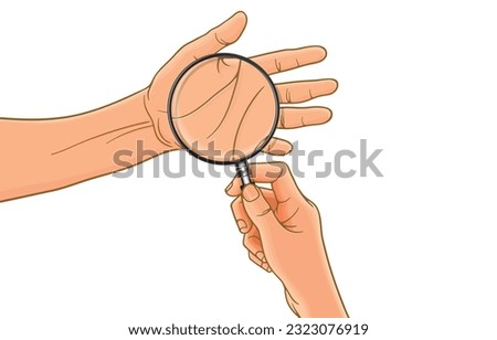 Vector illustration of fortune teller hand holding magnifying glass on left palm,predict future,traditional seer reading lines on palm,checking horoscope,white.Personal belief in future destiny.
