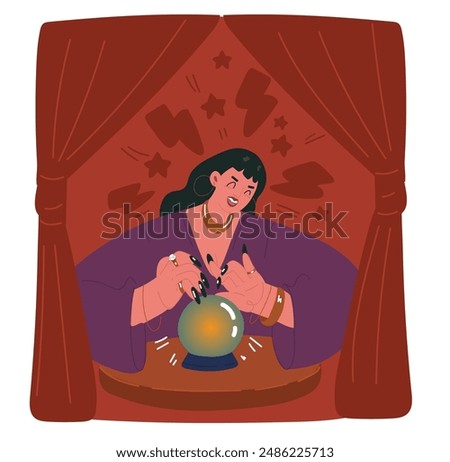 Vector illustration of Fortune teller with magic crystal ball. Clairvoyant woman telling and predicting future. Fortuneteller gypsy foretelling destiny.